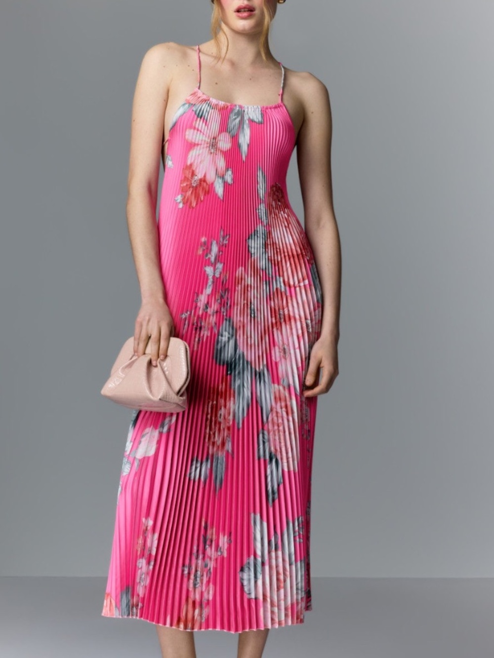 L’Idee Ete Floral Print Pink Pleated Strappy Backless Midi Dress - US 6